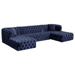 Meridian Furniture - Coco Velvet Upholstered 3pc. Sectional, Navy - Make room for the whole gang when you add this Coco velvet three-piece sectional to your living room, den or family room. This beautiful sectional features soft navy crushed velvet upholstery covering every surface for a look that's sumptuously affluent and elegant. Deep button tufting on the front, sides and back of this sectional sofa give it an upscale look while adding to its resilient form. Deep seats and a generous size make this sectional extra inviting for binge watching TV or taking long, restful naps.