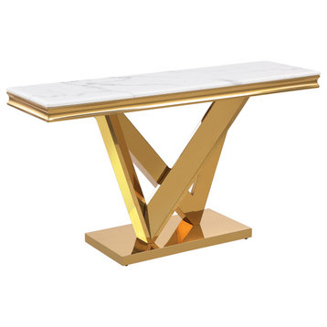 Thiago White Rectangular Stone Console Table, Gold