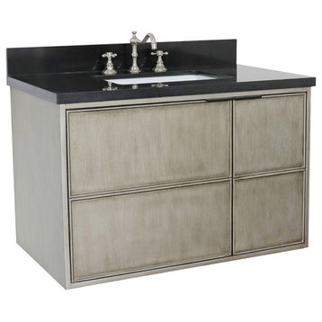 37" Single Wall Mount Vanity, Linen Brown Finish With Black Galaxy Top