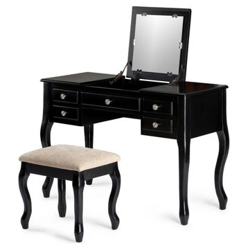 Poundex Wooden Makeup Vanity Set Desk, Mirror And Stool - Black, 43 W X 18...