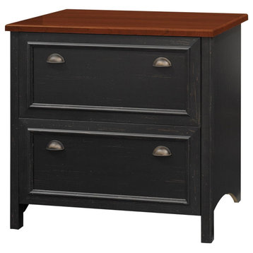 Classic Filing Cabinet, Wood Frame With Pull Handles and 2 Drawers, Antique Black