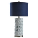 StyleCraft Home Collection - School of Fish Cylindrical Table Lamp, White,Silver,Sand, Navy Blue - Does the rest of your home have a nautical theme? Then you need to add the White Ceramic School of Fish table lamp to your living room. The body also has steel in addition to ceramic complete with a white and silver steel finish. There are also touches of sand color you will find along the edges of the fish. The round, hardback shade continues the oceanic motif with navy blue coloring.