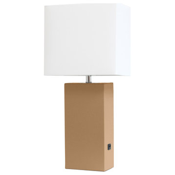 Elegant Designs Modern Leather Table Lamp with USB and White Fabric Shade, Beige