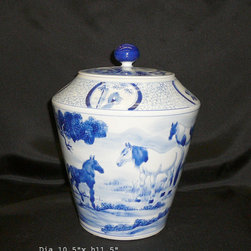 Chinese Porcelain Blue White Horses Scenery Jar - Vases
