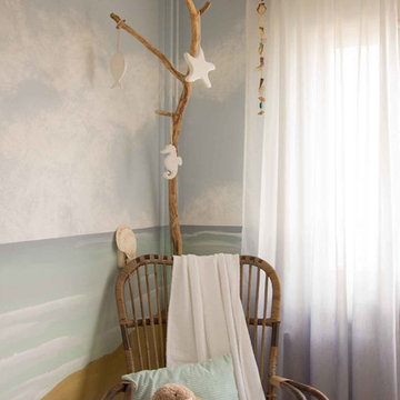Rotan rocking chair, driftwood and dip dye curtains