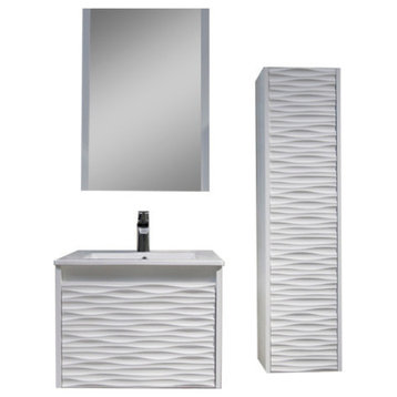Floating Bathroom Vanity Set, Glossy White, 24" With Sink, Mirror & Side Cabinet