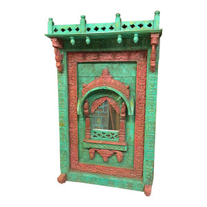 Mogul Interior - Consigned Arched Mirror Frame Jharokha Wall Decor Red Green Patina - Wall Mirrors