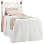 Tommy Bahama Home - Pritchards Bay Panel Headboard 3/3 Twin - Leather wrapped rattan inspired posts with decorative lattice above a woven raffia panel. The finials have a silver leaf finish adding interest and character. The Somers Isle finish is a crisp white coloration with subtle parchment highlights. Be sure to order 001-733 metal bedframe for proper set-up and support.