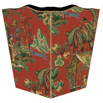 Red Chinoiserie Scalloped Top Wood Wastepaper Basket, Wastepaper Basket