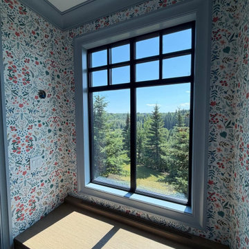 Wildflower Wallpaper Library Nook with Mirror-Matched Window Wall