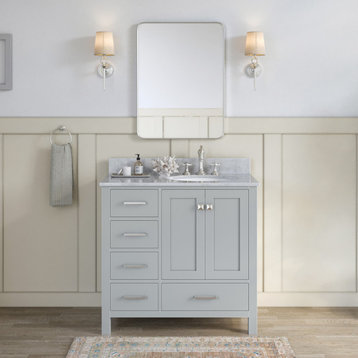 ARIEL Cambridge 37" Right Oval Sink Bath Vanity Carrara Marble, Grey