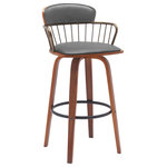 Armen Living - Willow 25.5" Swivel Walnut Wood Counter Stool Gray Faux Leather and Bronze Metal, 30 - Give a chic and stylish upgrade to your home bar or eat-in-kitchens with our Willow Upholstered Swivel Bar or Counter Stool. A curved and hugging silhouette is molded from metal to attain a sleek and airy design that is perfect for styling and refreshing your kitchen or lounge. This modern bar stool is completed with a generously padded wooden backrest and seat to deliver sink-in comfort. Our counter stool is upholstered in faux leather which does not crack or fade easily; the material is both stain and UV resistant for easy maintenance and longevity. Completed with a beautifully streamlined and modern design, the barstool can be used anywhere from your kitchen to a home office. It can complement a kitchen island, pub table, home bar, or adjustable desk for elevated style and functionality. The counter stool features a wonderful 360-degree swivel function with a smooth gliding system so that you can join in conversation coming from any direction. Designed with quality and comfort in mind, our modern bar stool can serve you for years to come. The Willow swivel bar or counter stool easily incorporates into any home and is available in your choice of 25.5-inch or 30-inch seat height. Available in a walnut wood and Golden Bronze metal finish with your choice of gray or black faux leather or a black wood and metal finish with gray faux leather upholstery.