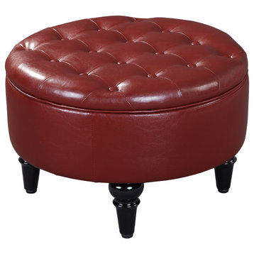 Cristo 24" Round Upholstered Storage Ottoman With Reversible Top, Red Vinyl