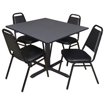 Cain 48" Square Breakroom Table, Gray and 4 Restaurant Stack Chairs, Black
