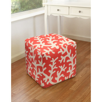Coral- Coral Red, Linen Upholstered Ottoman