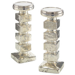 Contemporary Candleholders John Richard Set of 2 Stacked Cubes Mercury Glass Candlesticks JRA-9272S2