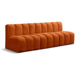 Meridian Furniture - Arc Velvet Upholstered 3-Pc. Modular Sofa, Cognac - Give your living room or den the perfect blend of style and versatility with this Arc velvet fabric curved modular Sectional. Part of the Arc modular furniture collection, this Sectional comes upholstered in rich cognac velvet fabric and features deep channel tufting that adds a touch of luxury while enhancing comfort and support. A seamless combination of form and function, this chair can be used with other Arc pieces to create a myriad of configurations in your well-curated room.