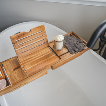 Bathroom Remodel in Sterling, VA Tub, glass shower, double vanity, stone wall