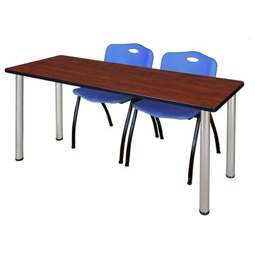 72"x24" Kee Training Table, Cherry/ Chrome and 2 'M' Stack Chairs, Blue