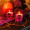 Battery Operated LED Wax Candles in Glass Holders, Skull and Crossbones, Set of