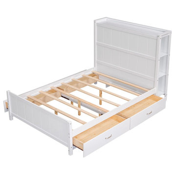 Modern Full Platform Bed, Pull Out Drawers & Headboard With Side Shelves, White