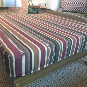 Sunbrella cushion covers, ottoman, and pillows warm up dog-friendly patio