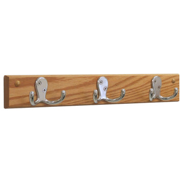 Wooden Mallet 3 Hook Wall Coat Rack Rail in Light Oak and Nickel