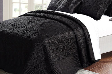 Black Quilted Satin 4 Piece Bed Spread Set
