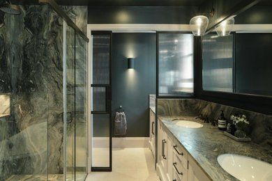 Design ideas for a modern shower room bathroom in London with a walk-in shower, a built-in sink, marble worktops, green worktops, double sinks and a built in vanity unit.