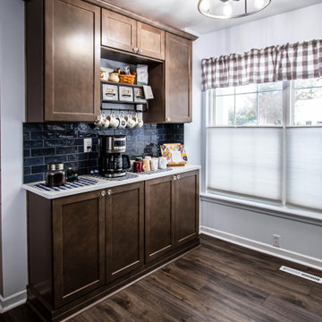 Two Tone Kitchen: Navy and Wood Kitchen with Carrara Wind Quartz Countertops