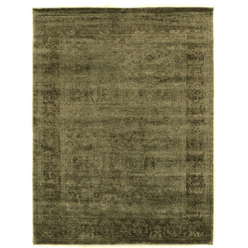 Antique'd Silk Hand-Knotted Bamboo Silk and Cotton Green Area Rug, 10'x14'