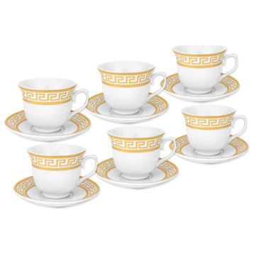 Royalty Porcelain 12pc Tea Set Greek Key 6 Cups, 6 Saucers, Bone China (Gold)