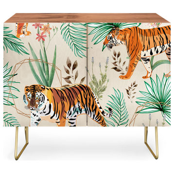 Deny Designs Tropical Tigers Credenza, Walnut, Gold Steel Legs