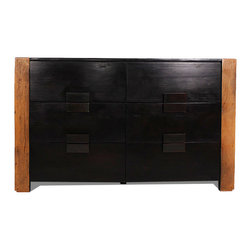 Two-tone Six Drawer Dresser with Walnut Legs and Contemporary Heavy Brass Pulls - Dressers
