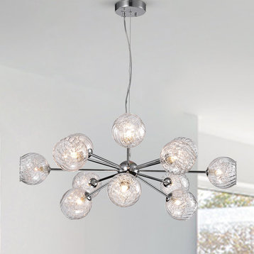 Ginherd Chrome 12-Light Satellite Chandelier With Clear Twisted Rib Glass Shades