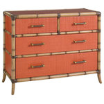 Tommy Bahama Home - Red Coral Chest - Accent pieces attract the viewer because of their design, color, placement, or pairing and this chest is no exception. The 4-drawer storage with fully finished interior in Red Coral is an added bonus. The chest features leather-wrapped bamboo carved moldings in the Bermuda Sands finish, with a contrasting woven raffia top, drawer fronts and end panels in a gorgeous Red Coral finish. We include a protective glass top. The chests can be used in a bedroom or paired with a mirror in a foyer to create a distinctive look.