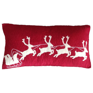 Hand Felted Wool Christmas Pillow - Cream Sleigh and Reindeer on Red