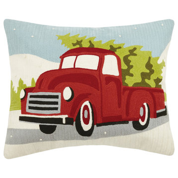 Red Truck With Xmas Tree Crewel Embroidered Pillow