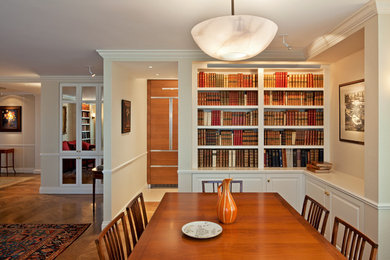 Design ideas for a large traditional open plan dining in New York with beige walls and light hardwood floors.