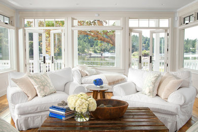 Inspiration for a beach style living room in Vancouver with medium hardwood floors.