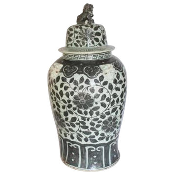 Temple Jar Vase Vine Floral Lion Lid Black Ceramic Handmade Ha