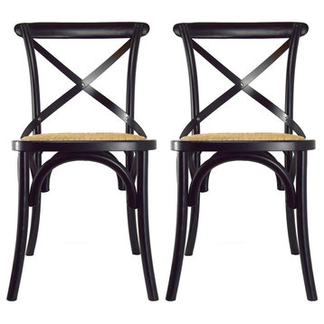Solid Wood Frame Cross Back Dining Chairs Assembled Chairs Set of 2, Black