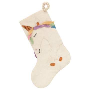 Unicorn on Cream Christmas Stocking in Hand Felted Wool