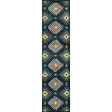 Hermosa Indoor and Outdoor Geometric Tribal Navy and Gray Rug, 1'10"x7'6"
