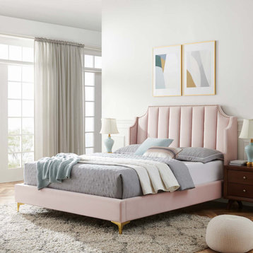 Platform Bed Frame, Queen Size, Velvet, Pink, Modern Contemporary, Bedroom