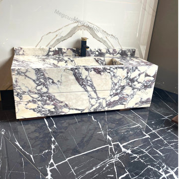 Luxury Bathroom Marble Sink Vanity with Marble Drawers, Calacatta Viola Marble,