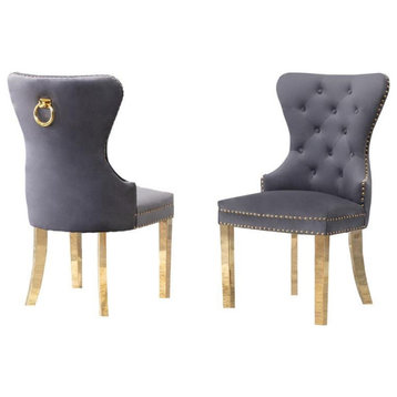 Double Tufted Gray Velvet Side Chairs with Gold Stainless Steel Legs