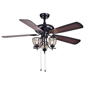 Mirabelle 3-Light, 5-Blade Black Metal and Crystal Lighted Ceiling Fan, 52"