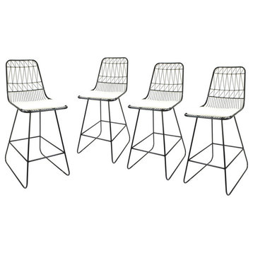 Ella Outdoor Wire Counter Stools with Cushions, Set of 4, Black Finish, Ivory