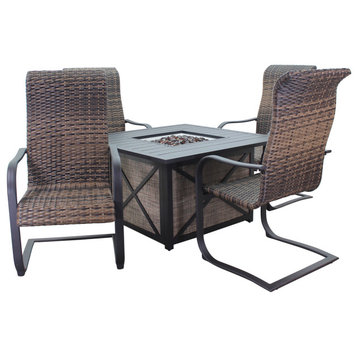 Courtyard Casual Santa Fe 5-Piece Sq Fire Pit Set With Wicker Spring Chair, Java